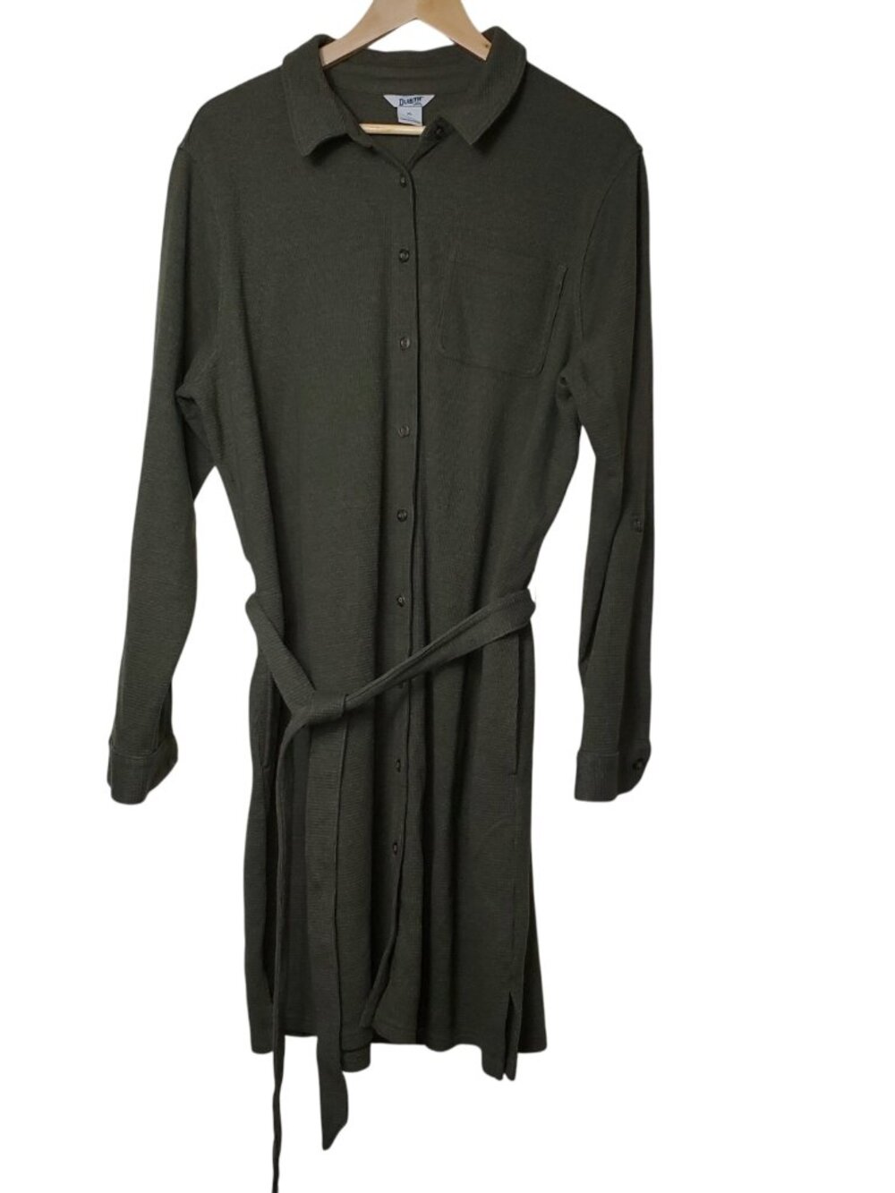 Duluth Trading Company Women's Olive Green Long Sleeve Waffle Shirt Dress, Sz XL